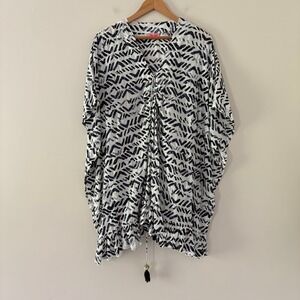 Ruby Yaya Caftan Top Medium White Navy Sequin Lace Up Boho‎ Tassel Cotton